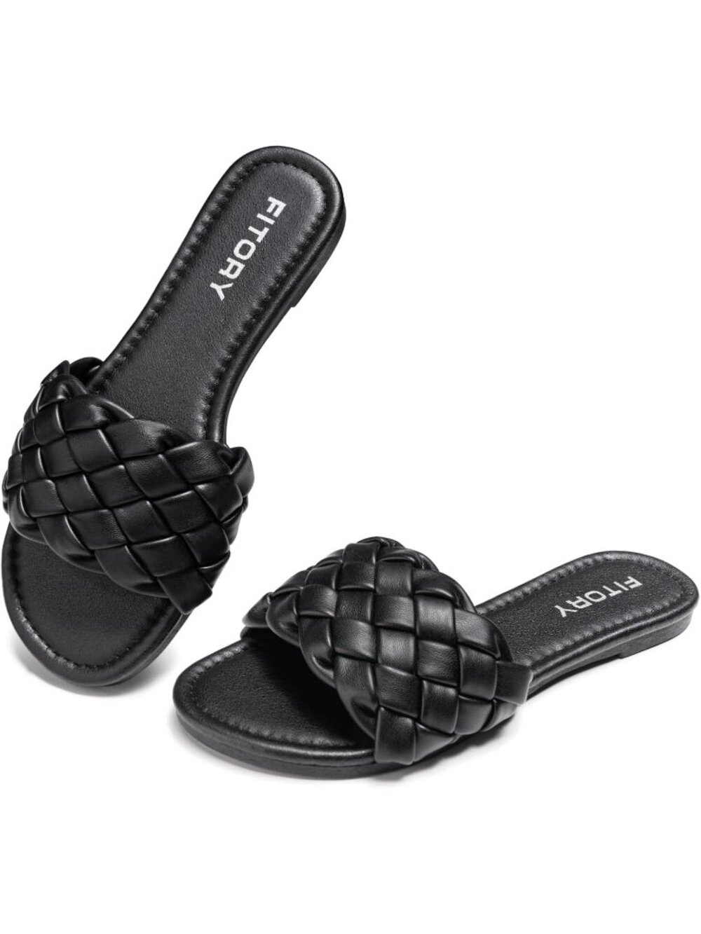 Women's All Black Fashion Round Open Toe Slip On Braided Strap Slide Slippers